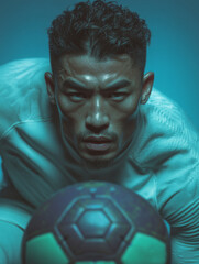 Close-up portrait of a focused football player in white gear, leaning over a soccer ball. Cool-toned lighting, intense facial expression, and athletic aesthetic.