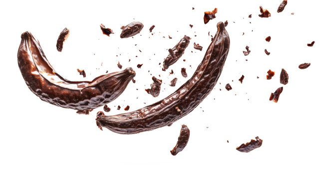 Carob Explosion High angle shot capturing two suspended carob pods and scattering carob dust, against an immaculate white or transparent background.