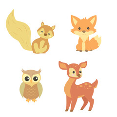 Fototapeta premium Pastel forest animal set. Squirrel, fox, owl, deer vector illustration with white background.