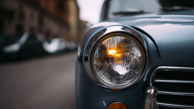 Fototapeta Close-up view of vintage car headlight on street