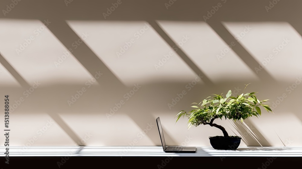 Aufkleber zen inspired workspace featuring a bonsai plant and a laptop with soft shadow patterns