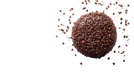Close up of a chocolate truffle covered in chocolate chips  with digital artifacts isolated on transparent background