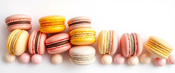 Obraz premium Pastel macarons arranged on white background, showcasing various flavors, culinary, pastel