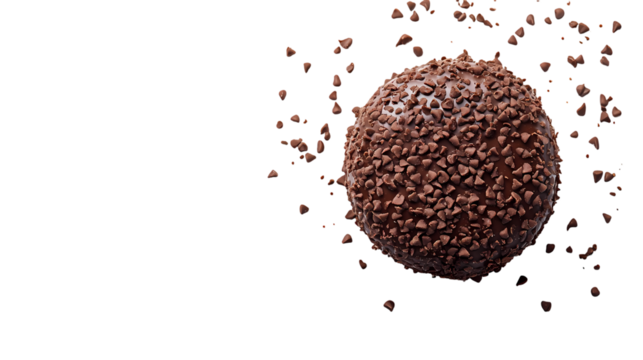 Close up of a chocolate truffle covered in chocolate chips  with digital artifacts isolated on transparent background