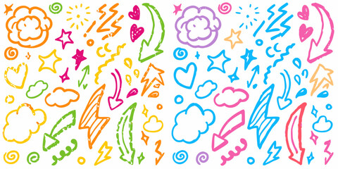Hand-drawn doodles in colourful ink on a white background. 