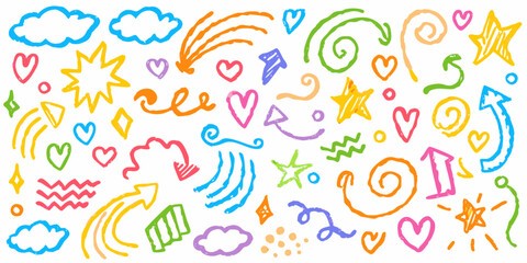 Hand-drawn doodles in colourful ink on a white background. 