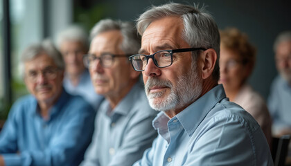 Group of senior people attend financial planning workshop. Elderly men listen speaker. Retirees learn investment, insurance, wealth management. Finance education, retirement plan. Mature investors at