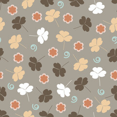 Clover leaves foliage seamless pattern. Neutral floral vector surface design of 3 leaf clover leaves and scandi flowers