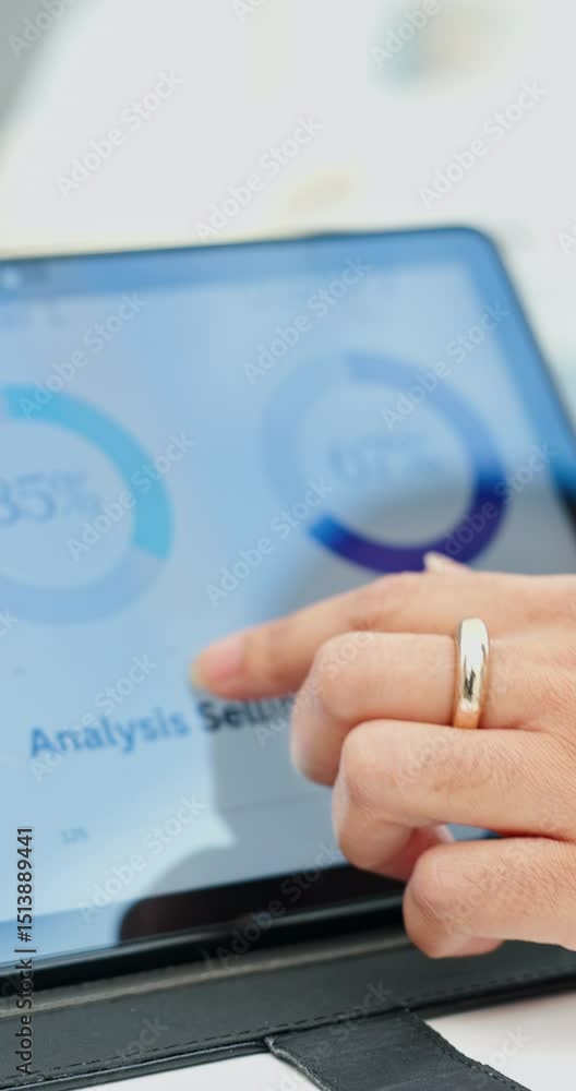 Poster presentation, graphs and business person with tablet screen in office for project, budget or company