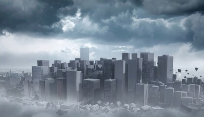 Abstract cityscape under ominous sky suggesting urban decay or environmental disaster