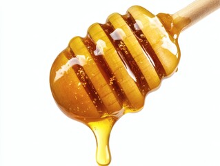 Pouring Honey with a wooden dipper mead covered with thick, golden amber honey. Honey flows down from the mead, forming a puddle on a transparent or white background.