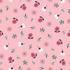Stylized floral seamless pattern. Flowery vector surface design of pink and white flowers and leaves