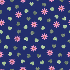 Valentine floral seamless pattern. Bohemian flowery romantic vector surface design with heart shapes