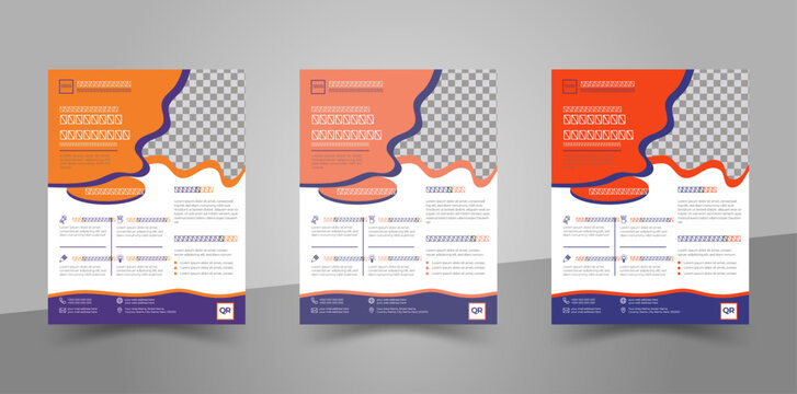 Corporate business flyer template design set, A4 size 3 different colour flyer, it' company flyer and editable vector template design, the creative trendy business flyer design,  brochure design.