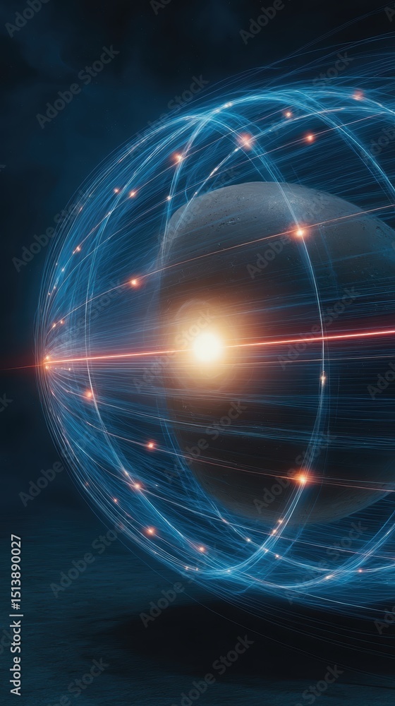Poster Artistic Solar System Representation Resembling an Atom With Orbiting Planets and Time Streams