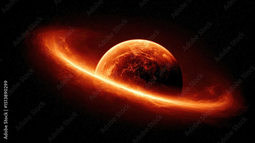 Poster burning planet surrounded by fiery atmosphere in deep space with swirling gases