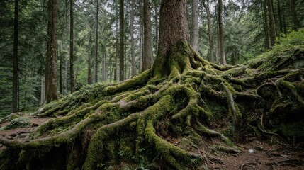 Tree roots covered in moss in a forest setting.