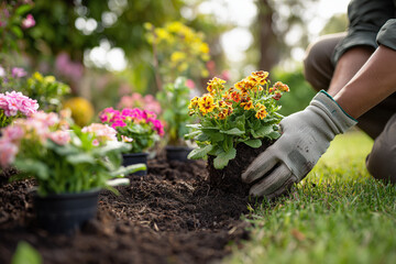Tight shot showing the lower half of a gardener kneeling on the grass, placing flowering plants into a neat garden bed. Visible are gardening gloves, flower pots,