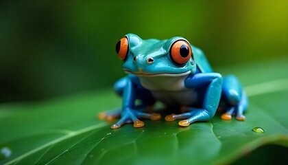  International Day for Biological Diversity, Vibrant Blue Frog with Orange Eyes on Leaf with Water Drops in a Lush Environment, created with generative ai