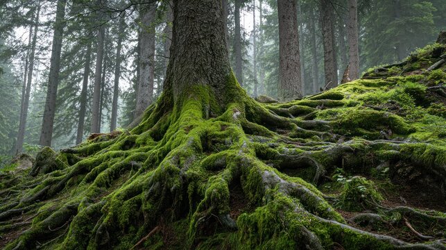 Tree roots covered in moss in a forest with tall trees in background. - Powered by Adobe