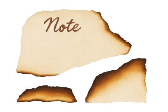 Burnt parchment style paper with handwritten 'Note' and charred edges, transparent background for overlays