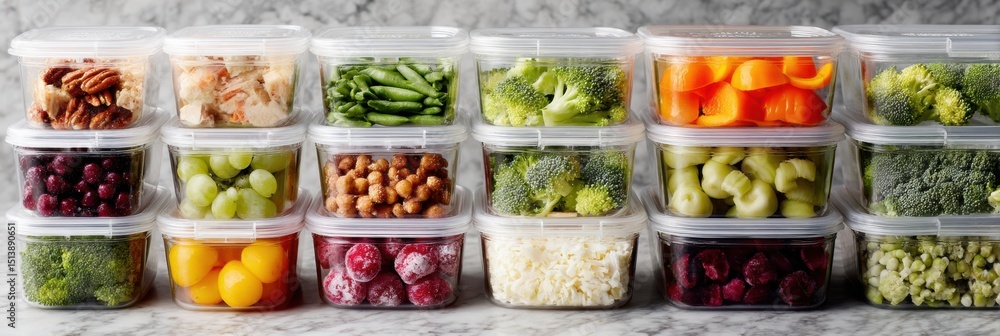Poster meal-prepped frozen containers organized neatly by day in a clean kitchen setting, showcasing colorf