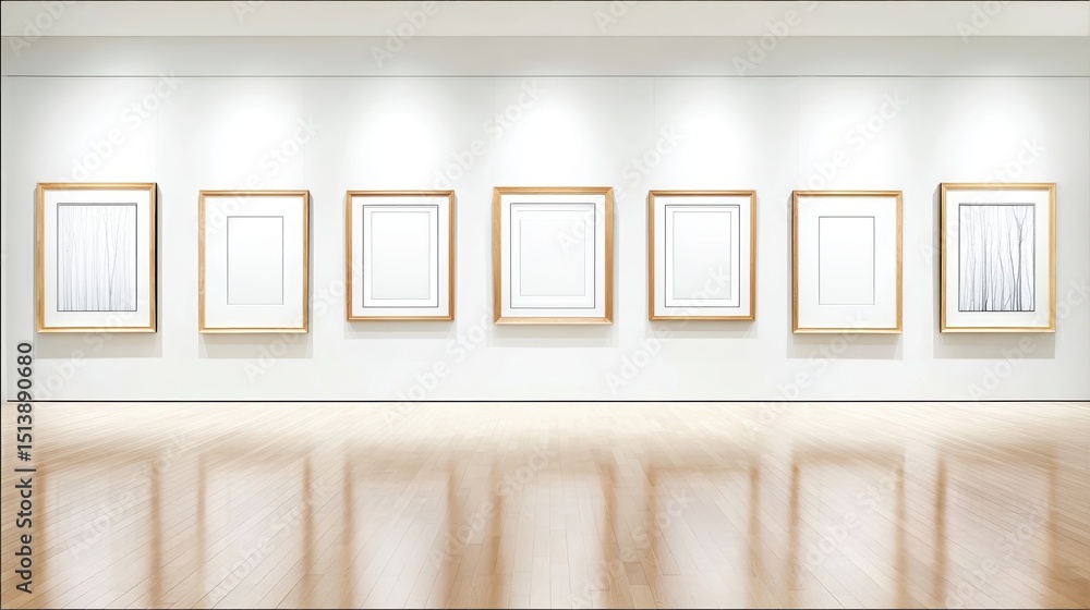 Poster minimalist gallery wall featuring empty square frames with polished wood floors in a modern space