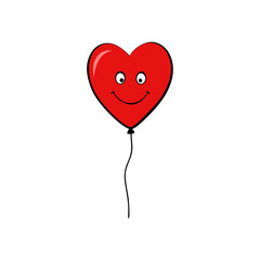 Red Heart Shaped Balloon Floating with a String and Cheerful Face Flat vector illustration