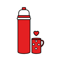 Obraz premium Red Thermos Bottle with Hearts and Stars with a Cap Lid Flat vector illustration