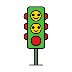 Red Traffic Light with Smiling Red, Yellow, and Green Lights Flat vector illustration