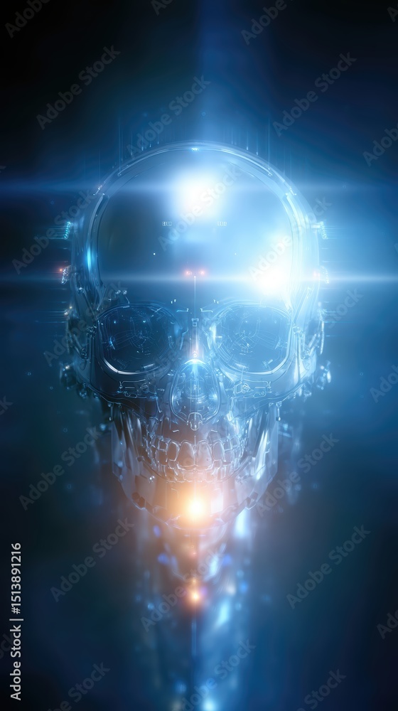 Poster holo cyberpunk skull blueprint shows intricate cybernetic features and glowing details