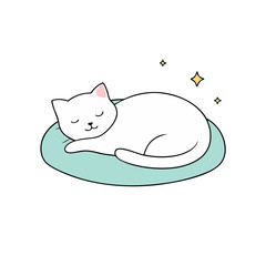 White Cat Curled Up Sleeping on a Pastel Cushion with a Smile Flat Vector Illustration
