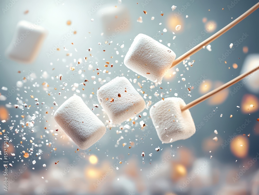 Aufkleber marshmallows campfire sticks concept. marshmallows floating in air, caught on skewers, creating a wh