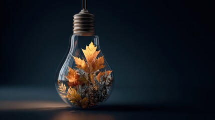 Light bulb filled with autumn leaves on dark surface with soft lighting.