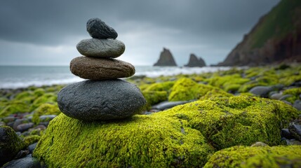 Stacked stones on mossy ground near ocean with rock formations in background.