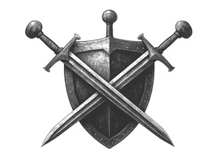 Three swords are crossed over a shield