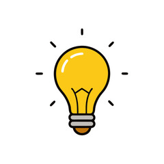 Yellow Light Bulb Glowing with Idea Sparkles Flat Vector Illustration