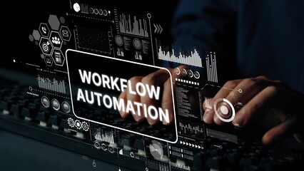 Hands Typing on Keyboard with Overlay of Workflow Automation Graphics and Data Analysis Elements. Asymptotic smart data analytic.