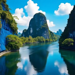 A Breathtaking Sunset Over a Peaceful Tropical Cove, Where Towering Cliffs, Lush Greenery, and Crystal-Clear Waters Reflect the Fiery Sky for travel.  