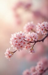 Beautiful pink cherry blossom flowers blooming on branch. Soft light, selective focus. Pastel colors, spring season background. Floral art for wedding invitations, cards.