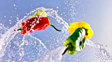 Super slow motion shot of red, green, and yellow pepper slices flying through the air with water droplets, captured at 420 FPS. Bright background enhances the vibrant colors and crisp motion, creating - Powered by Adobe