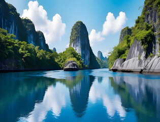 A Breathtaking Sunset Over a Peaceful Tropical Cove, Where Towering Cliffs, Lush Greenery, and Crystal-Clear Waters Reflect the Fiery Sky for travel.  