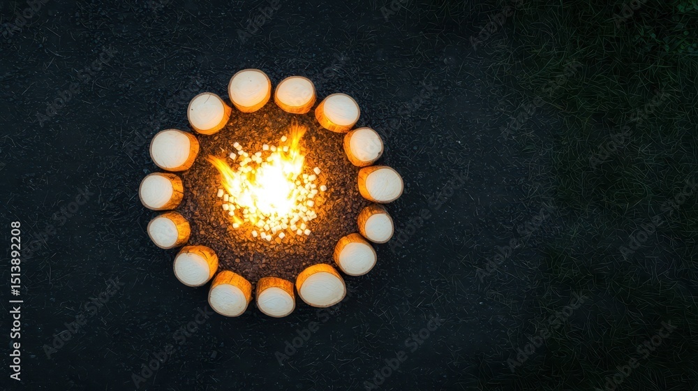 Poster marshmallows campfire sticks concept. a circular arrangement of candles illuminating a dark surface,