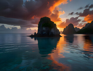 A Breathtaking Sunset Over a Peaceful Tropical Cove, Where Towering Cliffs, Lush Greenery, and Crystal-Clear Waters Reflect the Fiery Sky for travel.  