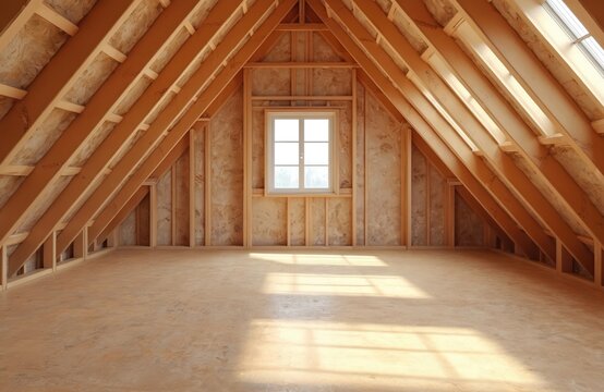Unfinished attic space with wooden beams, visible insulation. Structure, support for renovation, design. Potential customization, storage, residential project, home. Empty room, sunlight from window.