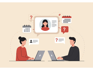 Online communication and customer support concept. Man and woman on laptops, with one character seemingly providing support or answers to questions related to a user profile and calendar. Flat vector 