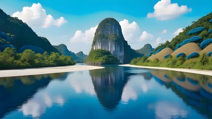 A Breathtaking Sunset Over a Peaceful Tropical Cove, Where Towering Cliffs, Lush Greenery, and Crystal-Clear Waters Reflect the Fiery Sky for travel.  