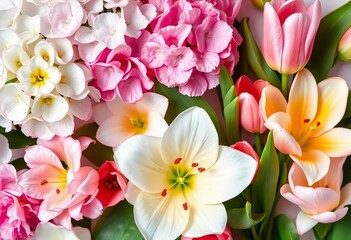 Pastel hydrangeas, lilies, & tulips swirl elegantly in a floral wallpaper mural design,  lily,   flower wallpaper