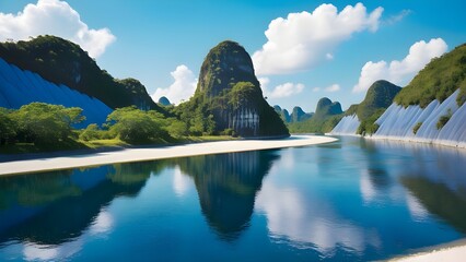 A Breathtaking Sunset Over a Peaceful Tropical Cove, Where Towering Cliffs, Lush Greenery, and Crystal-Clear Waters Reflect the Fiery Sky for travel.  