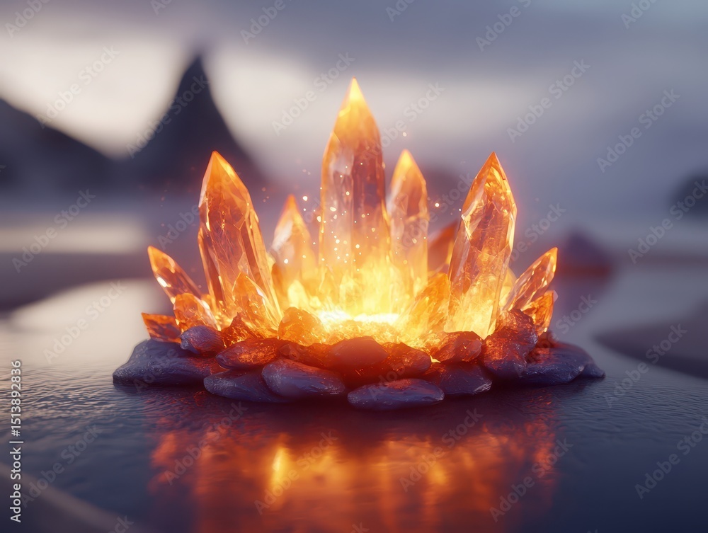 Poster marshmallows campfire sticks concept. a glowing cluster of crystals on a reflective surface, emanati